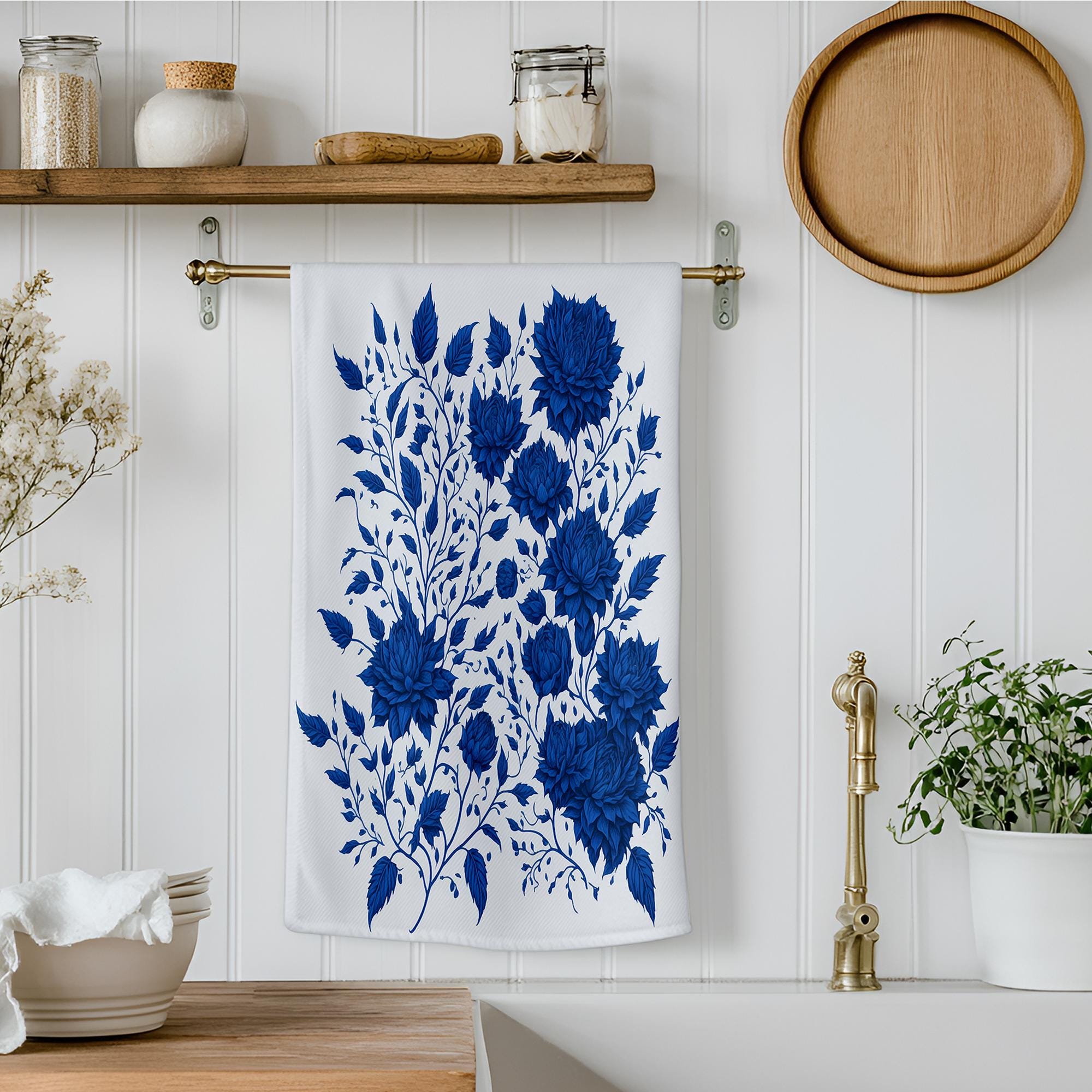 Blue Floral Kitchen Towel - Vintage Porcelain Style Chinoiserie