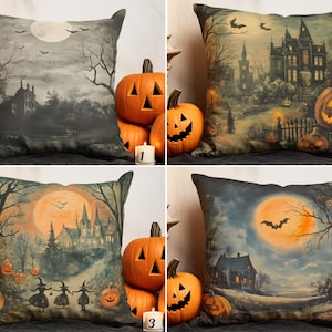 Vintage Halloween Landscape Pillow Cover, Haunted House Scenery Cushion Cover, Halloween Night with Full Moon Pillowcase, Spooky Home Gift