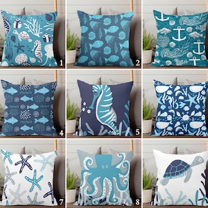 Nautical Pillow Cover, Ocean Animals Cushion Case, Sea Animals Pillowcase, Marine Cushion Cover, Summer Trend Pillow Covers, Coastal Decor