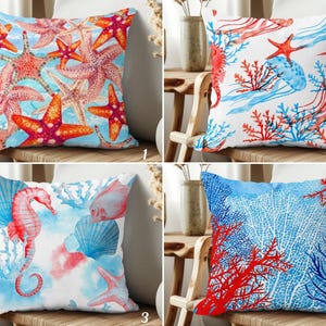Blue & Red Coastal Cushion Cover, Starfish Pillow Cover, Jellyfish Pillow Sham, Seahorse Pillow Top, Coral Cushion Case, Beach House Decor