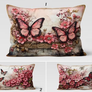 Pink Floral & Butterfly Lumbar Pillow Cover, Romantic Vintage Cushion Cover with Cherry Blossoms, Shabby Chic Pillow Top, Feminine Home Deco