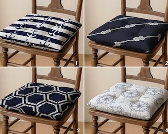 Nautical Linen Chair Pad: Navy Anchor Design with Ties