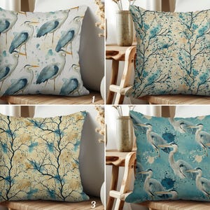 Watercolor Heron Bird Pillow Cover, Tree Branch Accent Cushion Cover, Beachy Pillowcase, Summer House Pillow Top, Cottagecore Coastal Decor