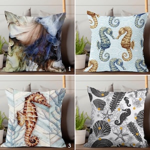 Funda de almohada de caballito de mar, funda de cojín con criaturas del océano, funda de almohada con temática oceánica, funda de cojín costera, funda de almohada decorativa, decoración oceánica para el hogar.