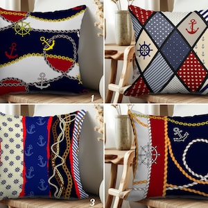 Maritime Pillow Cover, Anchor and Ship Wheel Cushion Cover, Chic Nautical Couch Pillowcase, Rope and Chain Pillow Sham, Coastal Home Decor
