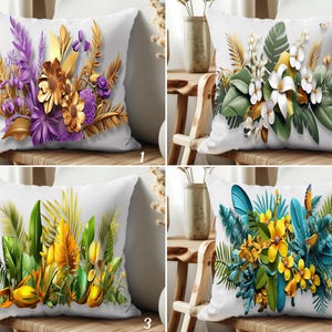 Tropical Floral Pillow Covers, Exotic Botanical Bouquets in Bright Purple, Yellow & Teal, Summer Decor for Couch, Patio, or Beach House