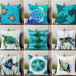 Marine Life Pillow Case, Sea Animal Cushion Case, Turquoise Cushion Cover, Sea Turtle Pillow Case, Fish Throw Pillow Cover, Coastal Decor