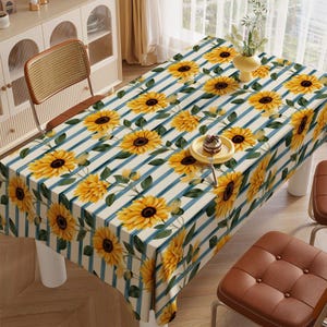 Bold Sunflower Stripe Tablecloth, Cheerful Yellow Floral Table Cover for Rustic or Summer Dining Room Decor, Vibrant Farmhouse Kitchen Decor