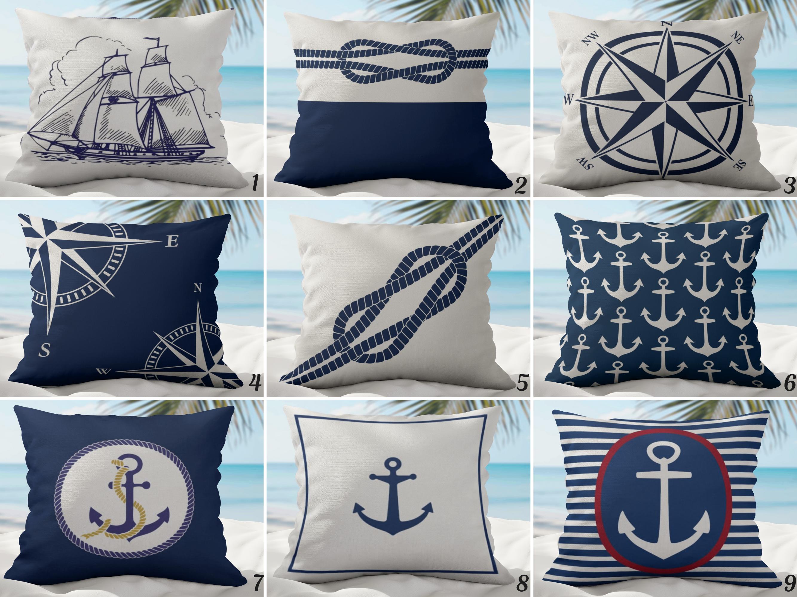 OUTDOOR Marine Pillow Covers: Navy Blue Anchor Coastal Throw
