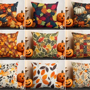 Decoratieve sierkussenhoezen met herfstmozaïek en bladeren, in diverse herfstpatronen.