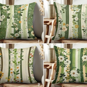 Capa de almofada com listras florais, capa de almofada listrada verde e bege, fronha com flores silvestres, fronha com estampa botânica, decoração boho floral