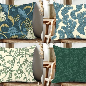 Poszewki na poduszki William Morris, poszewki na poduszki w kolorze liściastym zielonym i niebieskim inspirowane stylem vintage, poduszka w kwiaty Morris, klasyczna poduszka na sofę Morris Design