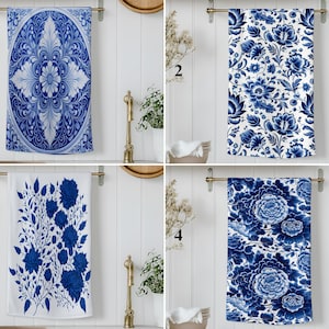 Blue and White Floral Kitchen Towel, Chinoiserie Kitchen Decor, Vintage Porcelain Style Dish Towel, Elegant Tea Towel with Delft Design