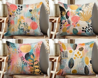 Boho Throw Pillow Cover, Abstract Leaf and Floral Patterns (Rectangle)