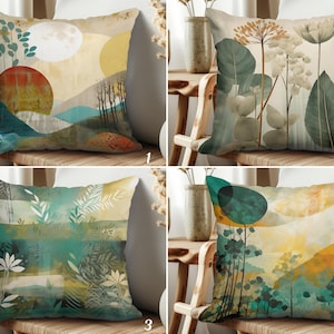 Boho Landscape Pillow Cover, Abstract Leaves and Floral Cushion Case, Abstract Landscape Pillowcase, 20x20 Pillow Top, Nature Inspired Decor