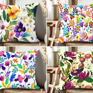 Colorful Bold Floral Pillow Covers, Modern Folk Art Style Decorative Cushion Covers, Naive Floral Design Pillow Slip, Vibrant Home Decor