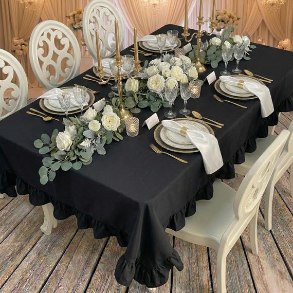 Schwarze Rüschen Tischdecke, Elegante Hochzeitsdeko, Baumwolle Leinen