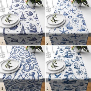 Maritimer Tischläufer in Blau und Weiß, Vintage Marine-inspirierter Tischläufer für Küsten-Essdekor, Segelboot-Tischdekoration, neues Zuhause Geschenk