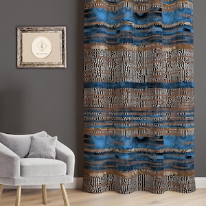 Ethnic Stripes Curtain Panels, Blue & Brown Living Room Curtain, Zebra Skin Inspired Drapes, Tribal Darkening Drapes, Modern Ethnic Curtain