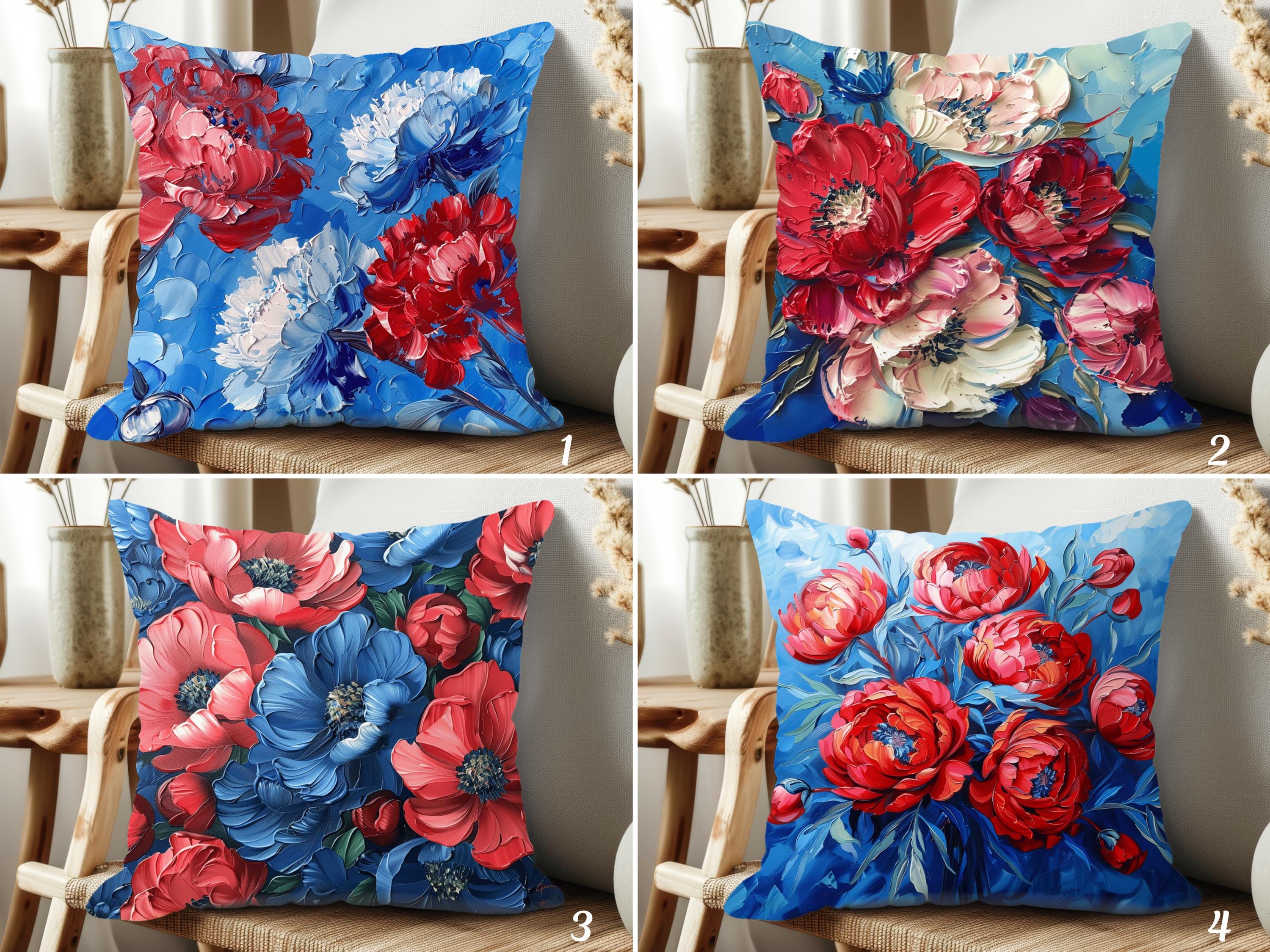 花柄クッションカバー：青と赤の大胆な植物デザイン - Etsy 日本