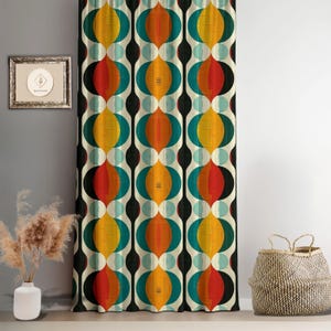 Seamless Retro Pattern Drapes, Geometrical Abstract Curtain, Mid Century Modern Window Treatment, Colorful Door Curtains, Curtain with Rings