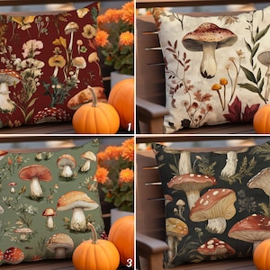 Autumn Mushroom Throw Pillow Cover, Vintage Mushroom Cushion Cover, Fall Farmhouse Harvest Pillowcase, Cottagecore Mushroom Cushion Case