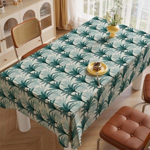 Palm Leaf Tablecloth, Tropical Green Botanical Style on Beige, Minimalist Jungle Theme Table Cover for Dining or Patio, Coastal Table Linen