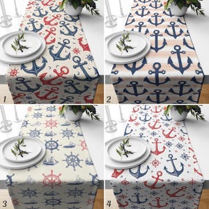 Anker und Steuerrad Tischläufer, nautisches Küsten Dekor in Marine, Rot und Beige für das Beach House Dinner, Segelboot Tischdeko, Marine Tischläufer