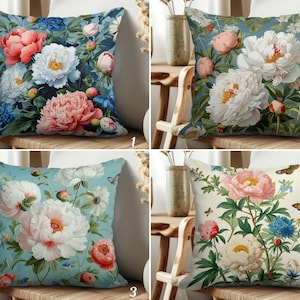 Spring Flowers Throw Pillow Cover, Peony Flower Cushion Cover Set, Botanical Couch Pillowcase, Blooming Floral Sofa Cushion Case, Home Gift
