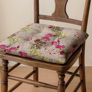 Cottagecore Chair Cushion: Pink Yellow Floral Linen (Quilted, Ties)