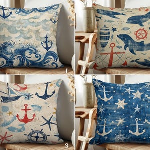 Vintage Nautical Pattern Cushion Cover, Anchor Accent Pillowcase, Dolphin Pillow Sham, Coastal Lumbar Pillow Cover, Marine Living Room Decor