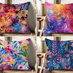 Abstract Floral Pillow Covers, Vibrant Watercolor Boho Throw Cushion Covers in Pink, Orange & Blue, Bold Artistic Deco for Couch or Studio