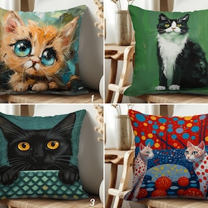 Artistic Cat Throw Pillow Covers, Cute, Whimsical and Modern Cat Art Cushion Covers for Cat Lovers and Cozy Home Décor, Kitty Pillow Shams