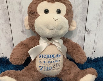 Plush Embroidered Birth Stats Monkey