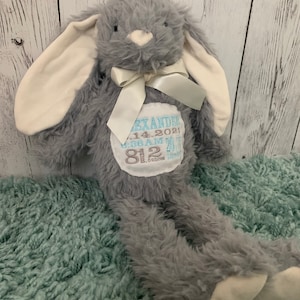 GRAY Plush embroidered Birth stat Bunny