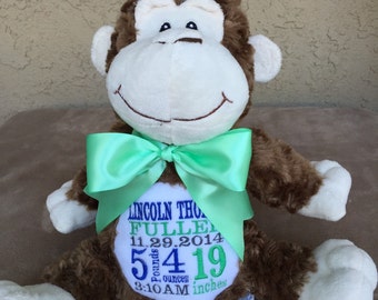 Plush Embroidered Birth Stats Monkey