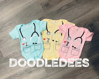 Dr or Nurse scrubs baby bodysuit or costume.