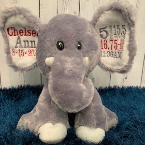 Plush Embroidered Personalized Birth Stats Elephant - Gray