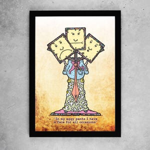 Op de afbeelding: Een cartoonillustratie van een persoon met drie verschillende gezichten op borden die boven hun hoofd worden gehouden. De tekst onder de afbeelding luidt "In mijn eierenbroek heb ik een gezicht voor alle gelegenheden."