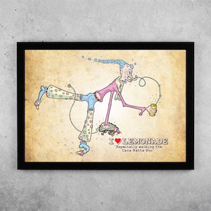 I Love Lemonade Art Print / Cartoon Wall Art / Dog Walking Bliss / Healthy Exercise / House Warming Gift / Birthday Present / Fizzy Pop Fun