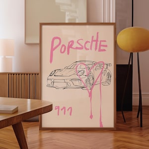 Póster de Porsche 911 con letras de pintura en aerosol rosa, grafiti, estética automotriz, estilo esquemático, descarga digital, 1 impresión
