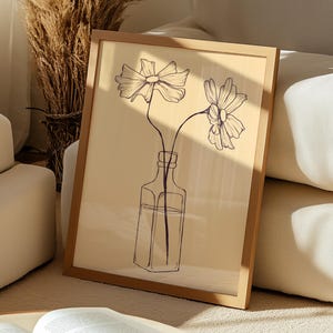 Elegante póster de jarrón de flores, delicado arte lineal, boceto botánico minimalista, decoración de pared estética fina, descarga digital, 1 impresión