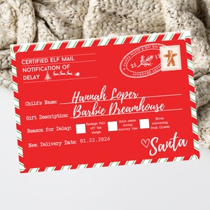 Cartolina regalo di Natale ritardata modificabile Buono regalo di Natale stampabile Regalo di Natale in ritardo Modello di posta per gli elfi con avviso ufficiale