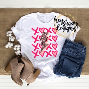 XOXO Hugs and Kisses PNG for Sublimation | Screenprint | DTF | Valentine&#39;s Day | Valentine | Heart | Pink Leopard Print Lightning Bolt