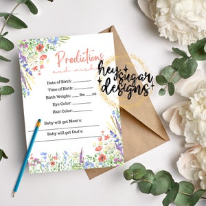 Prédictions et souhaits Carte imprimable de fleurs sauvages pour baby shower | Aquarelle | Activité de fête de naissance