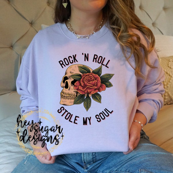 Rock n' Roll Stole My Soul Skull Rose PNG for Sublimation Screenprint