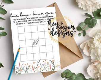 Wilde bloemen babyshower Bingo | Babybingokaarten | Ideeën voor een babyshower | Geslachtsneutraal | Babybingospel | Babyshowerspellen | Afdrukbaar
