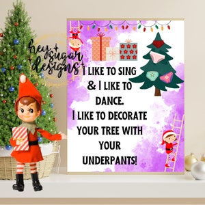 Elfo de Natal decora a árvore com cuecas para imprimir sinal engraçado | Download instantâneo | Elfos de férias | Atividade dos Elfos | Nota | Carta Poema