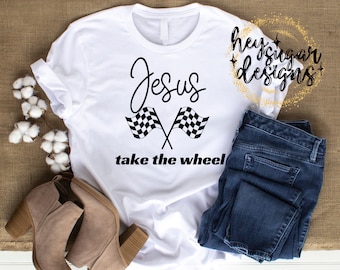 Jesús toma el volante Racing PNG para sublimación / Serigrafía / DTF / Cristiano / Banderas de carreras / Coche de carreras / Un color / Un solo color