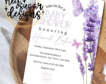 May include: A lavender-themed baby shower invitation with a purple butterfly and lavender flowers. The invitation reads "Join us for a Baby Shower honoring Hannah Baker" and includes the date, time, location, RSVP information, and registry details.
